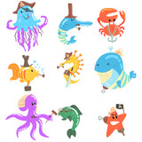 Fototapeta Dinusie - Marine Animals And Underwater Wildlife With Pirate And Sailor Accessories And Attributes Set Of Comic Cartoon Characters