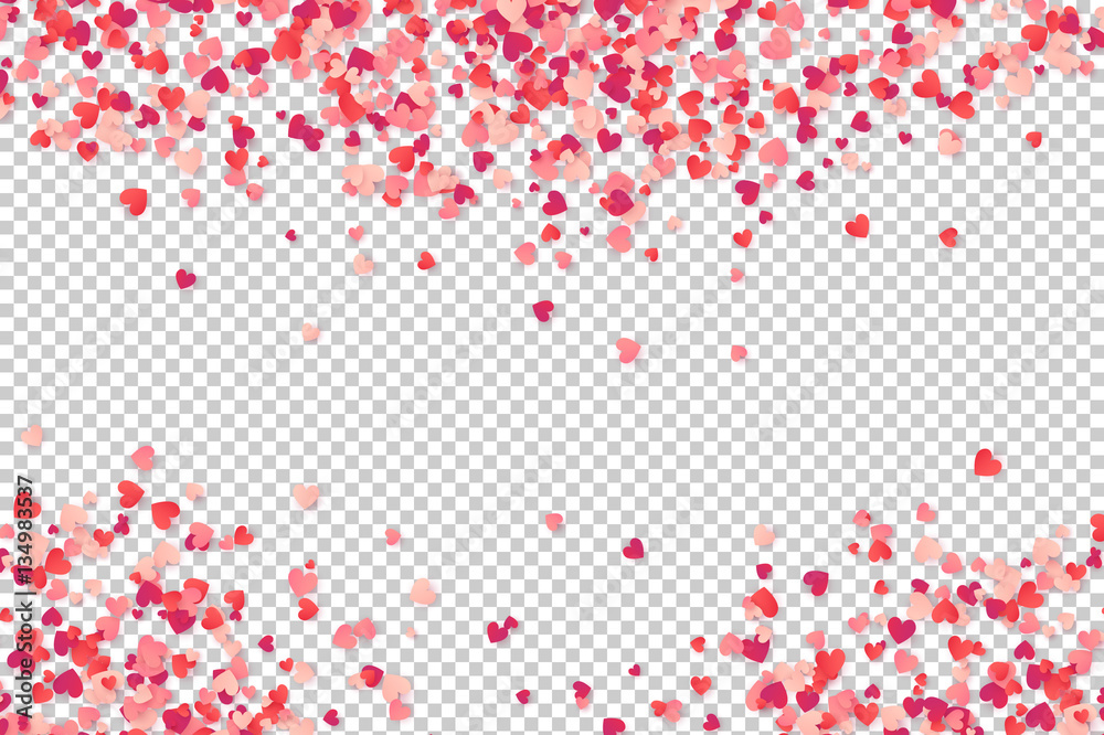 Heart shape pink and red confetti vector frame isolated on transparency ...