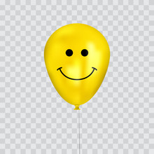 Realistic Yellow Birthday Balloons With Smiley Cartoon Face Flying For Party Or Celebrations. Space For Message. Isolated On Transparency Grid.