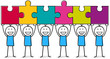 Sechs Team Figuren Mitarbeiter beim Teamworkshop mit Puzzle