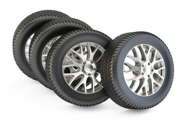 Wall Mural - Set of car wheels closeup, 3D rendering