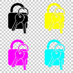 Poster - unlock and keys icon. Colored set of cmyk icons on transparent background.