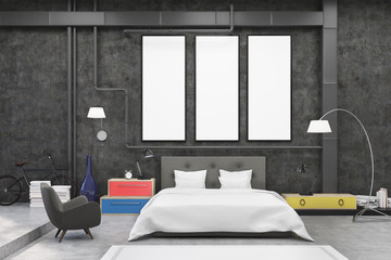 Bedroom interior with black walls and three narrow vertical posters on them. There is a large bed, an armchair, two lamps and colorful bedside tables. 3d rendering. Mock up