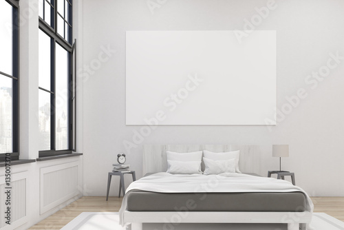 Front View Of A Master Bedroom With A Bed Two Bedside Tables And A Large Horizontal Poster Hanging On A White Wall Large Windows 3d Rendering Mock Up Toned Image Stock Illustration