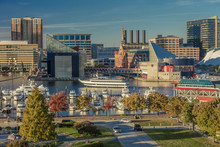 OCTOBER 28, 2016 - Baltimore Inner Harbor Late Afternoon Lighting Of Ships And Skyline, Baltimore, Maryland, Shot From Federal Park Hill
