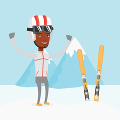 Poster - Cheerful skier standing with raised hands.