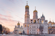 Ivan The Great Bell Tower And Kremlin Cathedrals At Winter Sunset In Moscow
