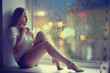 sad girl sitting window lights of the city rain