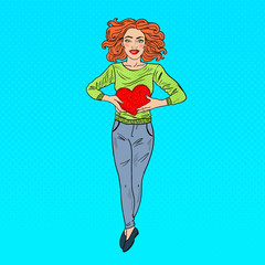 Wall Mural - Pop Art Beautiful Woman in Love with Plush Heart. Vector illustration