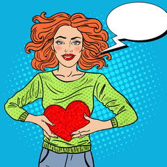 Wall Mural - Pop Art Beautiful Woman in Love with Plush Heart. Vector illustration