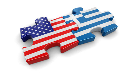 Poster - USA and Greece puzzle from flags. Image with clipping path