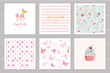 Birthday cards set for teenage girls. Including seamless patterns in pastel pink. Sweet 16, butterflies, cupcake, polka dots, Eiffel tower, stripped.