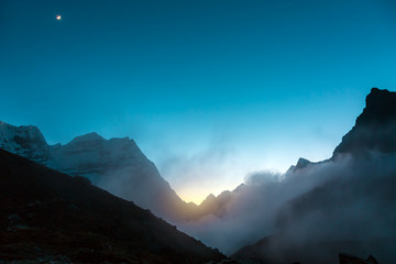 Wall Mural - Evening Mountain View with Sunset and Moonrise