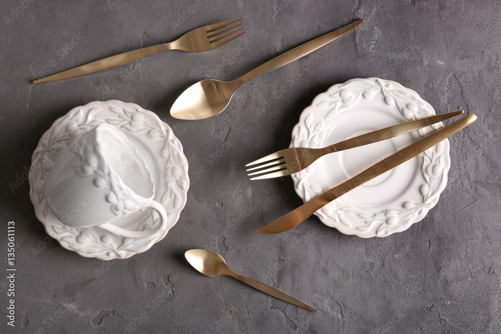 Tea set on grey background