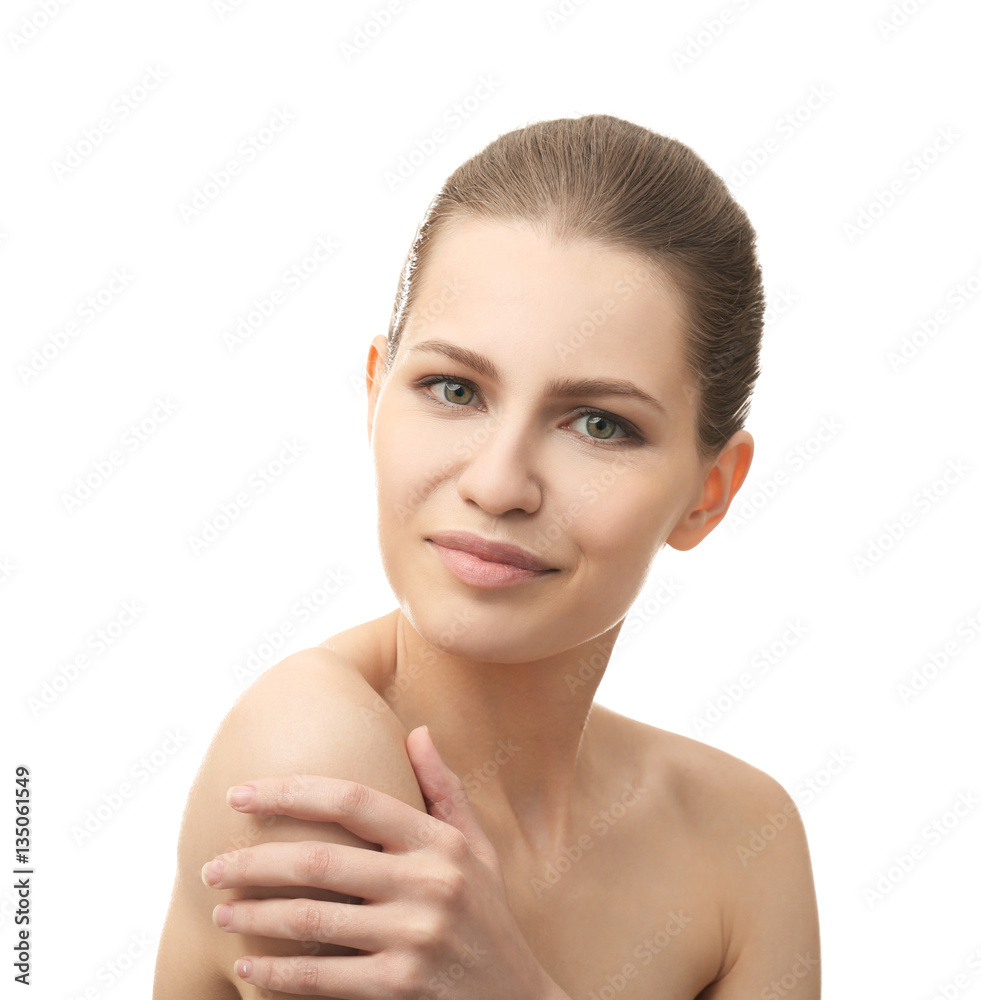 Young beautiful woman on white background. Plastic surgery concept