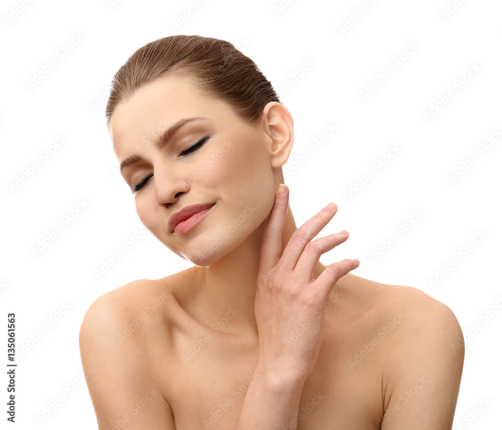 Young beautiful woman on white background. Plastic surgery concept