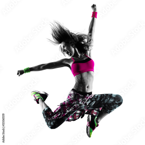 Obraz w ramie one caucasian woman zumba fitness exercises dancer dancing isolated in silhouette on white background