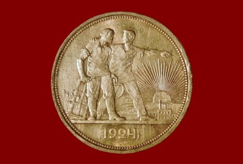 ancient silver coin 1 ruble 1924 on a red background