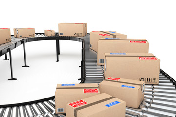 Poster - Parcels Transportation System Concept. Cardboard Boxes on Convey
