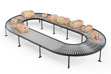 Poster - Parcels Transportation System Concept. Cardboard Boxes on Convey