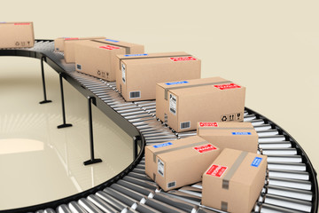 Poster - Parcels Transportation System Concept. Cardboard Boxes on Convey