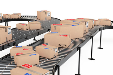 Poster - Parcels Transportation System Concept. Cardboard Boxes on Convey