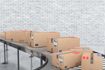 Poster - Parcels Transportation System Concept. Cardboard Boxes on Convey
