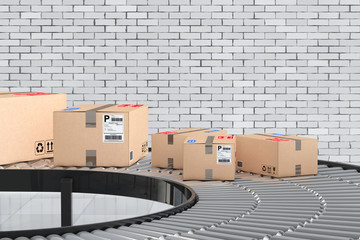 Poster - Parcels Transportation System Concept. Cardboard Boxes on Convey