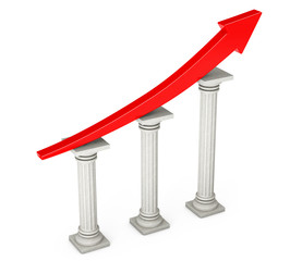 Poster - Red Progress Arrow over Classic Columns. 3d Rendering