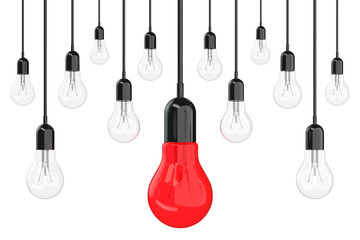 Aufkleber - Ideas Concept. Many Light Bulbs with One Red in Centre. 3d Rende