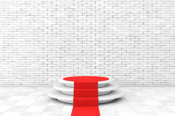 Poster - Round White Pedestal with Steps and a Red Carpet. 3d Rendering