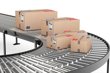 Poster - Parcels Transportation System Concept. Cardboard Boxes on Convey