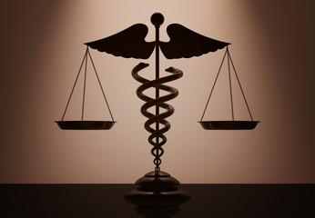 Poster - Medical Caduceus Symbol as Scales with backlight over Wall. 3d R