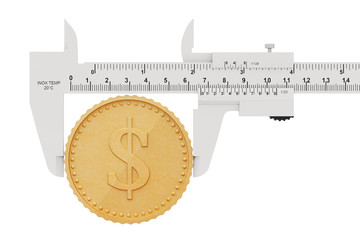Poster - Caliper with Abstract Golden Dollar Coin. 3d Rendering