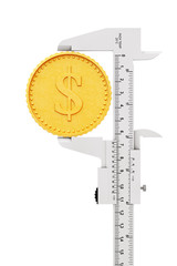 Poster - Caliper with Abstract Golden Dollar Coin. 3d Rendering
