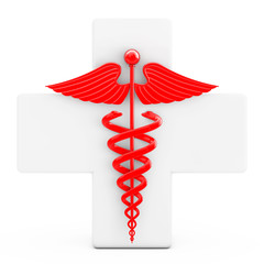 Poster - Red Caduceus Symbol  in front of White Cross. 3d Rendering