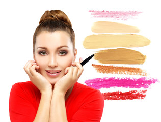 Wall Mural - Beauty portrait of a young girl.Set of foundation,lipstick,eyeliner pencil swatches isolated on white background.