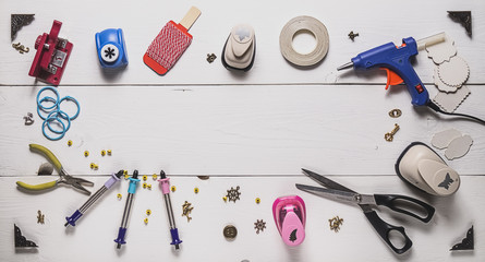 Wall Mural - tools for scrapbooking on wooden boards and copy space