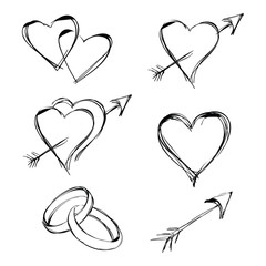 graphic design editable for your design, hand drawn heart set, heart with arrow, rings in black outline isolated on white background. Vector Illustration. 