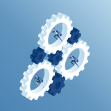 Fototapeta Zachód słońca - Business people run inside the gears and cause the mechanism to work. Businessmen running inside gear wheel, thereby rotating them isometric illustration. Business concept team and the system
