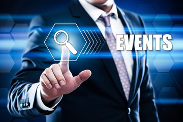 Business, technology, internet concept on hexagons and transparent honeycomb background. Businessman pressing button on touch screen interface and select events