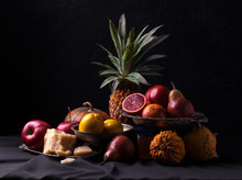 Classic Still Life With Red Oranges, Apples, Pumpkins, Pears And Pineapple.