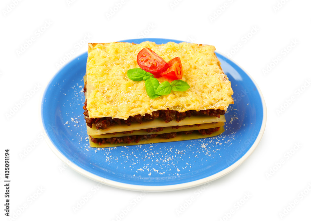 Tasty homemade Italian lasagna, white background