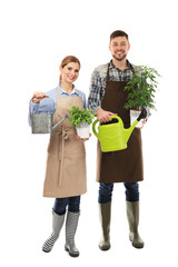 Two florists holding house plants and gardening tools on white background