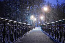 Beautiful Winter Landscape With Snowy Bridge In Evening