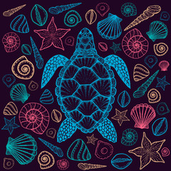 Wall Mural - Sea turtle and shells in line art style. Hand drawn vector illustration