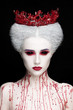 Mysterious beauty portrait of snow queen covered with blood. Bright luxury makeup. Black demon eyes.