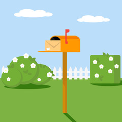 Poster - Open the mailbox with a letter set on a green lawn with grass shrubs and flowers. Vector, illustration EPS10.