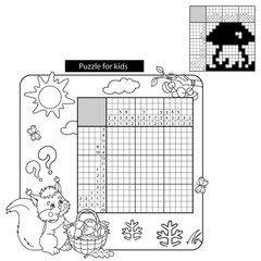 Education Puzzle Game for school Children. Coloring Page Outline Of squirrel with mushroom. Black and white japanese crossword with answer. Nonogram. Graphic crossword. Coloring book for kids