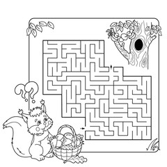 Cartoon Vector Illustration of Education Maze or Labyrinth Game for Preschool Children. Puzzle. Coloring Page Outline Of squirrel with basket of mushrooms. Coloring book for kids.